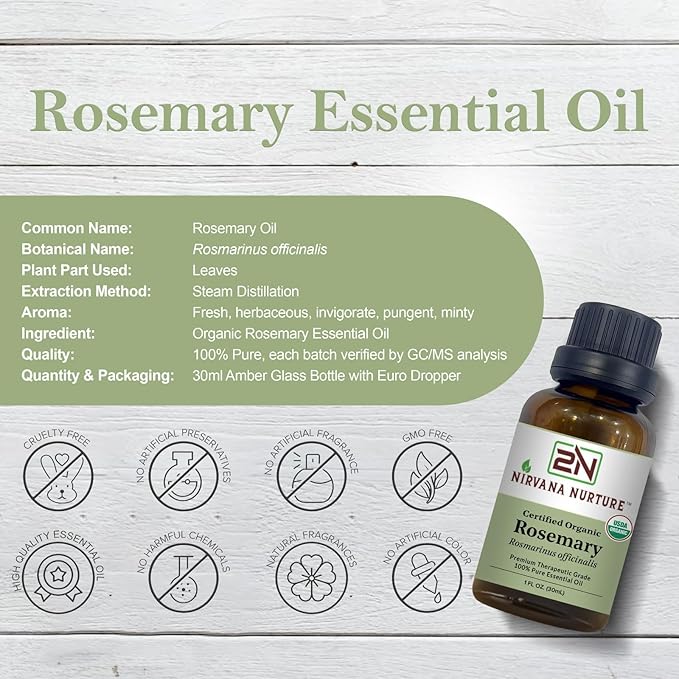 Rosemary Essential Oil, USDA Certified Organic, 100% Pure Undiluted, Aromatherapy Oil for Diffuser, Hair & Skin Care