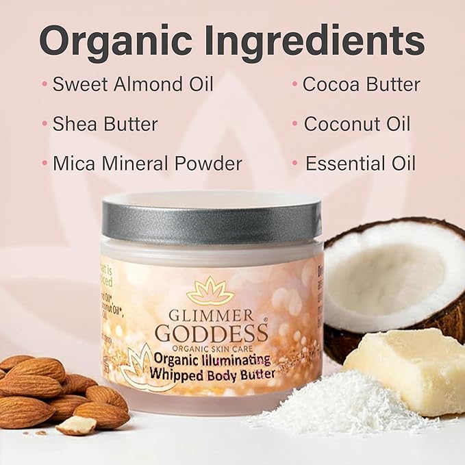GLIMMER GODDESS Shimmer Body Butter with Organic Whipped Shea Butter for Hydration, Moisturizing & Silky Natural Glow - Diamond Subtle, 4 oz