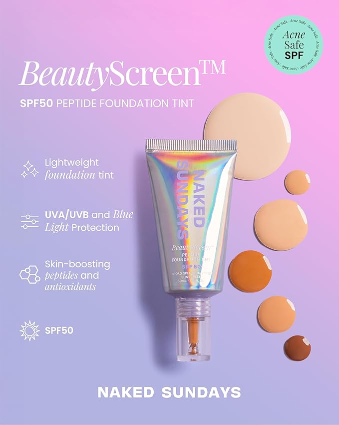 Naked Sundays BeautyScreen Peptide Foundation Tint - SPF 50 Tinted Sunscreen & Skincare Makeup with Zinc Oxide, Niacinamide - Lightweight Natural Coverage, 1.5 Fair Cool, 1.01 Oz