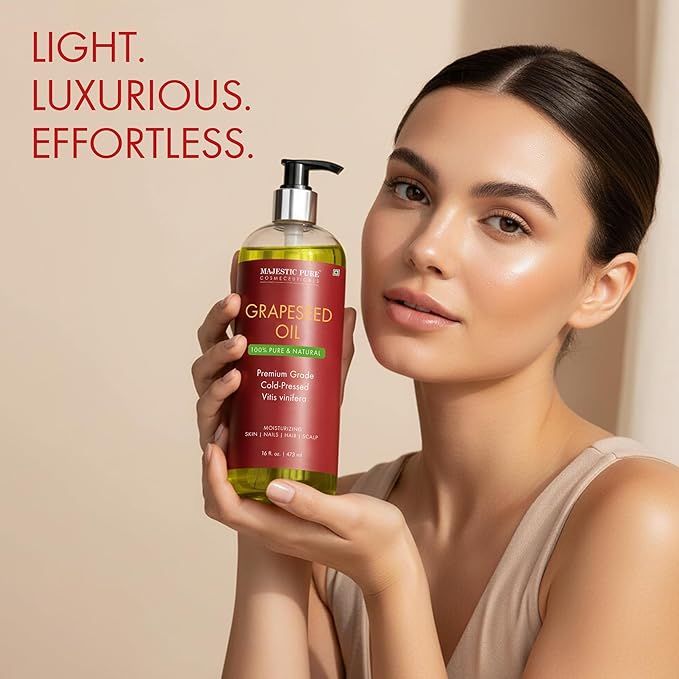 Majestic Pure Grapeseed Oil - 100% Pure & Natural - Premium Grade, Cold-Pressed, Hexane-Free Carrier Oil for Skin, Hair and Body - Moisturizing Skin, Hair and Scalp - 16 Fl Oz