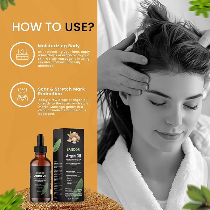 SANOOR Moroccan Argan Oil 60ml – 100% Pure & Natural, Cold-Pressed Oil for Hair Growth, Frizz Control, Skin Moisturizer, Face Glow, Beard & Nail Care – Vegan Beauty Oil for Men & Women