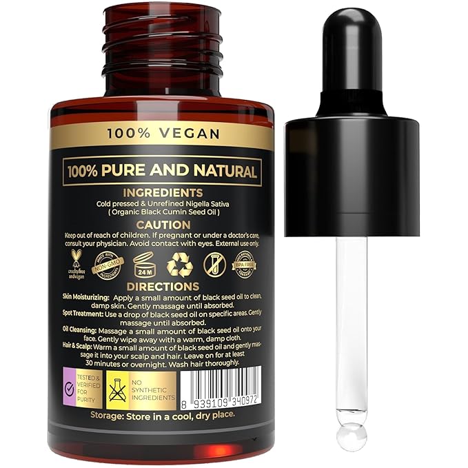 100% Plant Based Black Seed Oil Organic Cold Pressed - Nigella Sativa Black Cumin Seed Oil for Skin & Face - BlackSeed Drops for Hair Growth & Skin Moisturizing