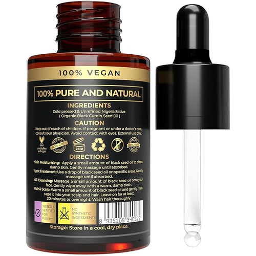 100% Plant Based Black Seed Oil Organic Cold Pressed - Nigella Sativa Black Cumin Seed Oil for Skin & Face - BlackSeed Drops for Hair Growth & Skin Moisturizing