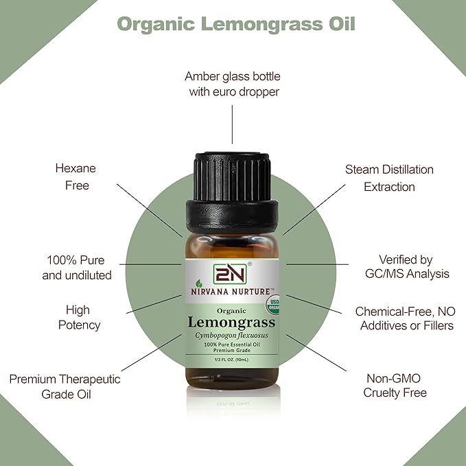 Lemongrass Essential Oil, USDA Certified Organic, 100% Pure Undiluted, Aromatherapy Oil for Diffuser, Hair & Skin Care