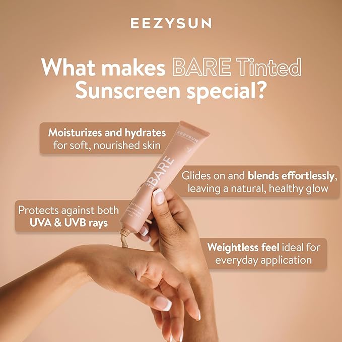 EEZYSUN BARE Tinted Sunscreen for Face SPF 50 - Non-Greasy, Weightless, Water-Resistant, Vegan & Reef-Safe Tinted Moisturizer with SPF, Hyaluronic Acid, Jojoba Oil - All Skin Types, 1.69 fl oz - Tan