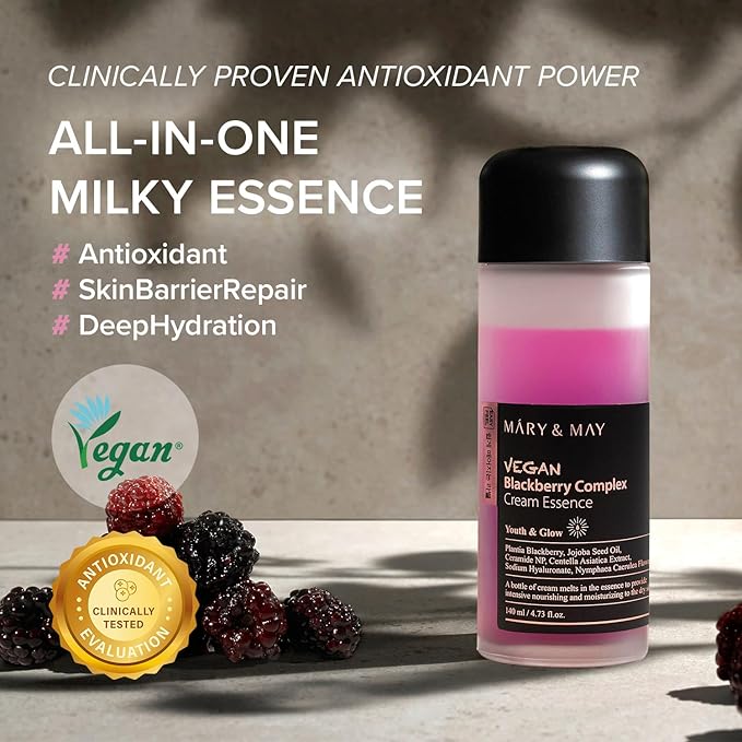 Mary&May Vegan Blackberry Cream Essence – Shake-to-Mix Dual-Phase Milky Toner, Ceramide + Blue Lotus Water, Barrier Support for Dry/Sensitive Skin, Unscented & Alcohol Free, 140ml (4.73 fl oz)