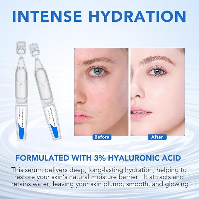 Hyaluronic Acid Serum for Face, 3% Hyaluronic Acid Serum Ultra-Hydrating Vials 30 pcs, Hydration & Moisture Facial Serum for Fine Lines & Wrinkles, Single-Use