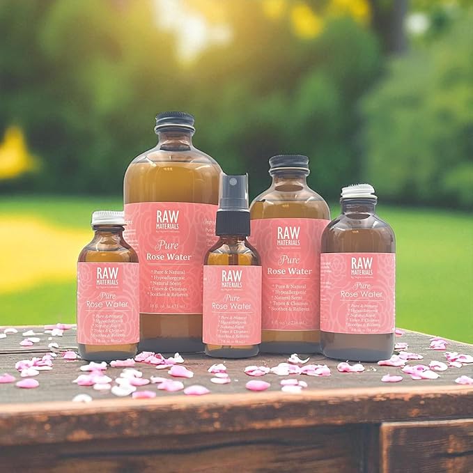 RAW MATERIALS Rose Water - Pure Organic Hydrosol Rose Water Mist Hydrating Facial Toner - Face, Body, Hair - Vegan Beauty Skincare - Various Sizes in Glass Bottles (8oz)