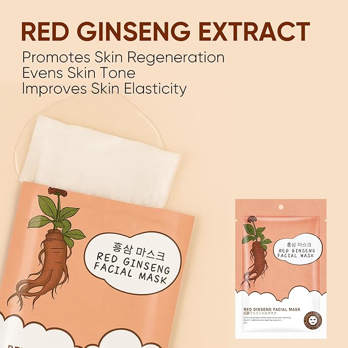 Hydrating Facial Masks Skincare for Women,Red Ginseng Face Mask Sheet Skincare, Moisturizing Face Mask for All Skin Types (10-Packs)