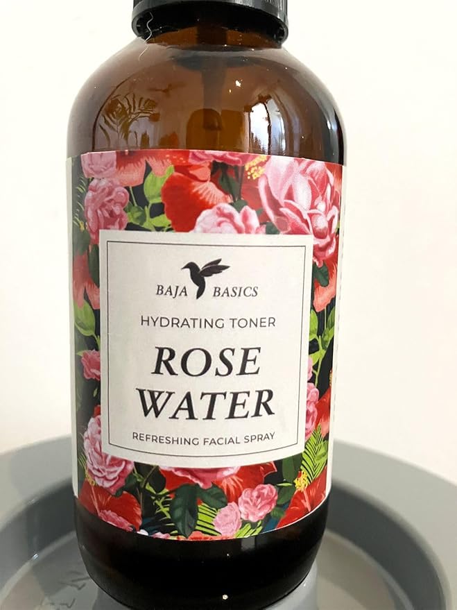 Rose Water Spray for Face by Baja Basics - Pure, Organic Rosewater Facial Toner for Hair and Aromatherapy Large 4 oz