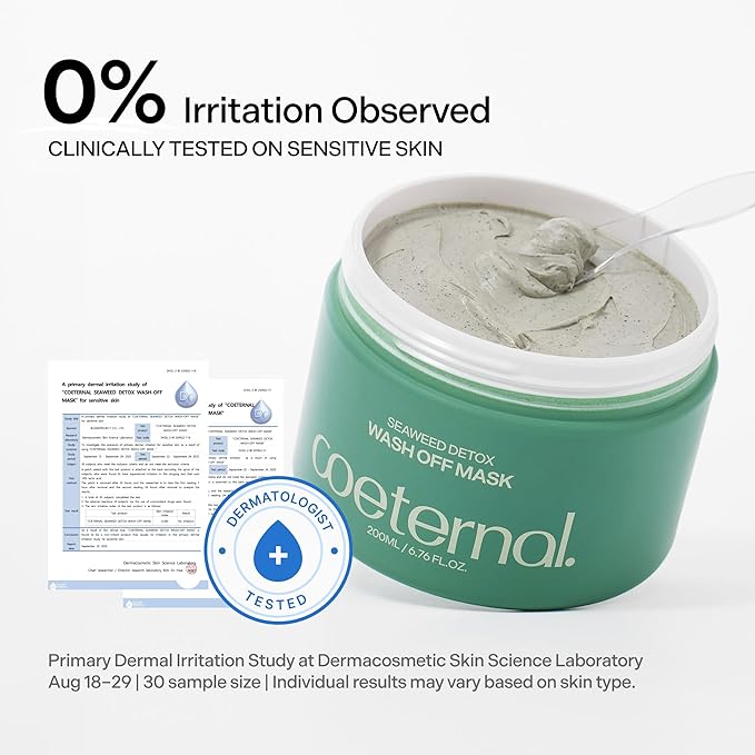 Seaweed Detox Wash Off Mask, Cooling Korean Clay Mask with Bentonite, Kaolin, Glycerin & Seaweed Extracts for Pore Minimizing, Deep Cleansing, Non-Drying Mud Mask, 200ml / 6.76 fl.oz.