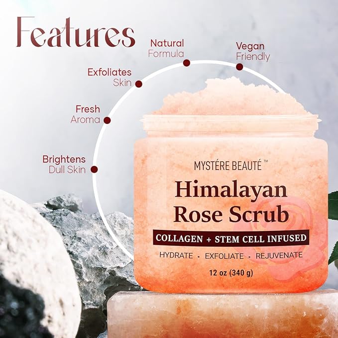 MYSTÉRE BEAUTÉ Himalayan Salt Body Scrub Twin Pack (12 oz x 2) - with Collagen, Rose Oil & Stem Cells - Exfoliating Scrub for Cellulite, Acne & Stretch Marks - Natural Skin Care Gift Set