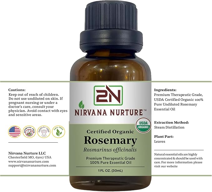 Rosemary Essential Oil, USDA Certified Organic, 100% Pure Undiluted, Aromatherapy Oil for Diffuser, Hair & Skin Care