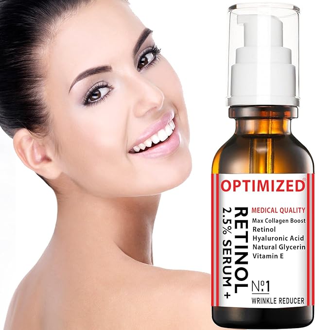 Retinol Serum 2.5% with Hyaluronic Acid, Glycerin, Vitamin E - Reduce Wrinkles, Fine Lines, Even Skin Tone, Sun Spots, Age Spots - Boost Collagen Production 1 fl oz - OPTIMIZED LAB Guaranteed