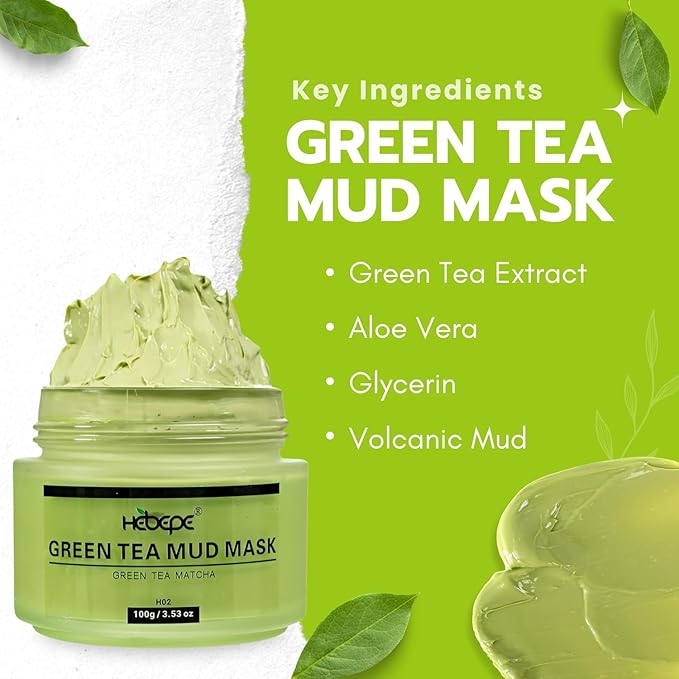 Green Tea Matcha Mud Mask with Aloe Vera (Pack of 3), Deep Cleansing, Hydrating, and Relaxing Volcanic Clay Facial Mask, 3.53 oz/100g