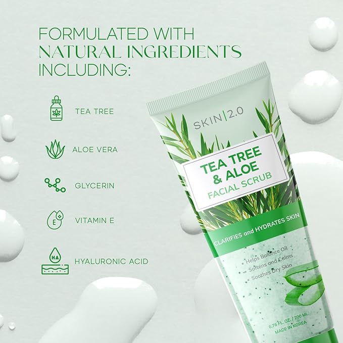 Skin 2.0 Tea Tree & Aloe Exfoliating Scrub - Dermatologist Tested, Multi-Tasking Cleanser, Clears Skin - Anti-Aging, Clean Beauty, Cruelty-Free Korean Skincare for All Skin Types - 6.76 Fl Oz / 200ML