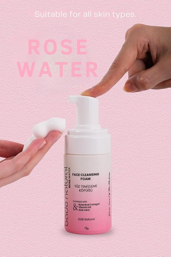 Bade Natural Rosewater Foaming Facial Cleanser – Gentle Vegan Face & Plant-Based Collagen – Hydrating for All Skin Types – 3.4 fl oz (100 ml)