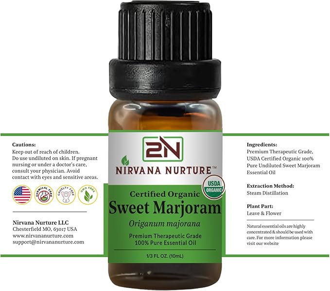 Sweet Marjoram Essential Oil, USDA Certified Organic, 100% Pure Undiluted, Aromatherapy Oil for Diffuser, Hair & Skin Care