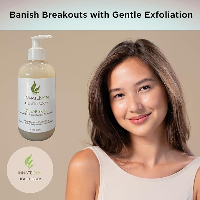 Clear Skin AHA BHA Exfoliating Cleanser Glycolic & Salicylic Acid Cleanser, Jojoba Beads - 8oz Pump