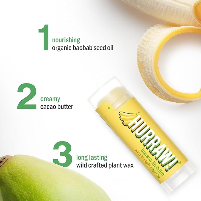 Hurraw! Banana Lip Balm, 2 Pack: Organic, Certified Vegan, Cruelty and Gluten Free. Non-GMO, 100% Natural Ingredients. Bee, Shea, Soy and Palm Free. Made in USA