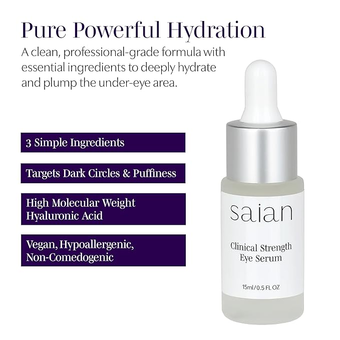 Saian Clinical Strength Eye Serum - Under Eye Serum for Dark Circles and Bags - Hydrating Hyaluronic Acid Peptide Depuffer for Puffiness and Fine Lines - Vegan Care for the Under Eye Area - 0.5 Fl Oz