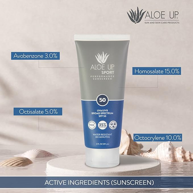 Aloe Up Sport Sunscreen Body Lotion SPF 50 – Broad Spectrum Sunblock With Aloe Vera Gel – Non-Greasy,Skin Sun Protection,No White Cast – Reef Friendly – Water Resistant 80 Minutes–Fragrance-Free–3 Oz