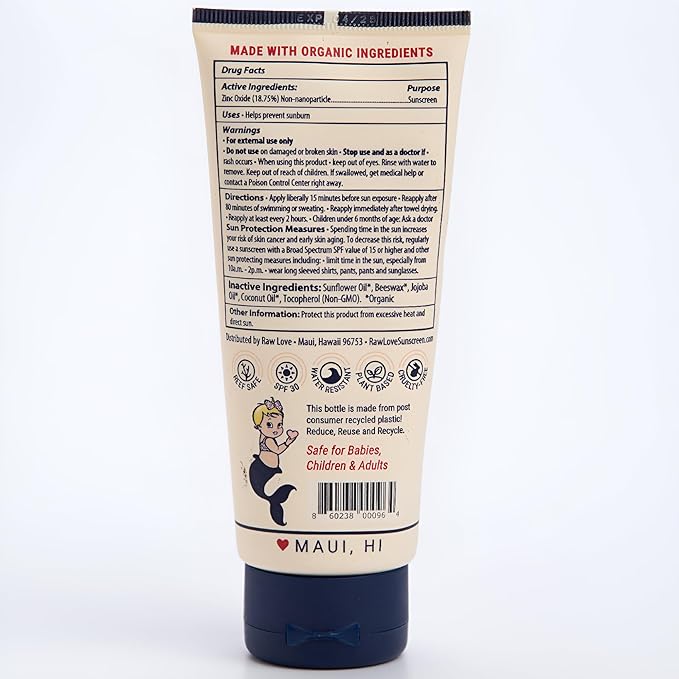 Raw Love Mineral Sunscreen Lotion for Face & Body | Reef Safe for Adults and Kids | Zinc Oxide, Water Resistant, Broad Spectrum UVA/UVB SPF 30 Protection for Sensitive Skin | 3oz