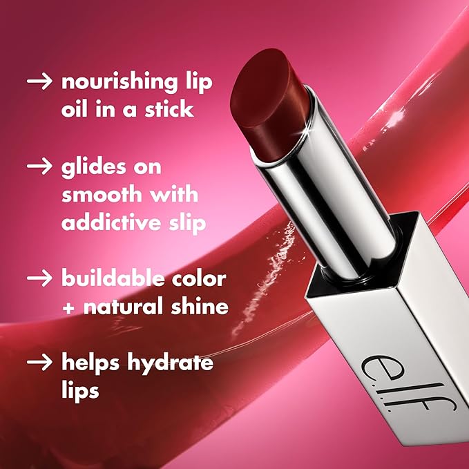 e.l.f. Glow Reviver Slipstick, Tinted Lip Oil Stick, Non-Sticky & Hydrating For A Soft-Shine Finish, Vegan & Cruelty-Free, Pink-Me Energy