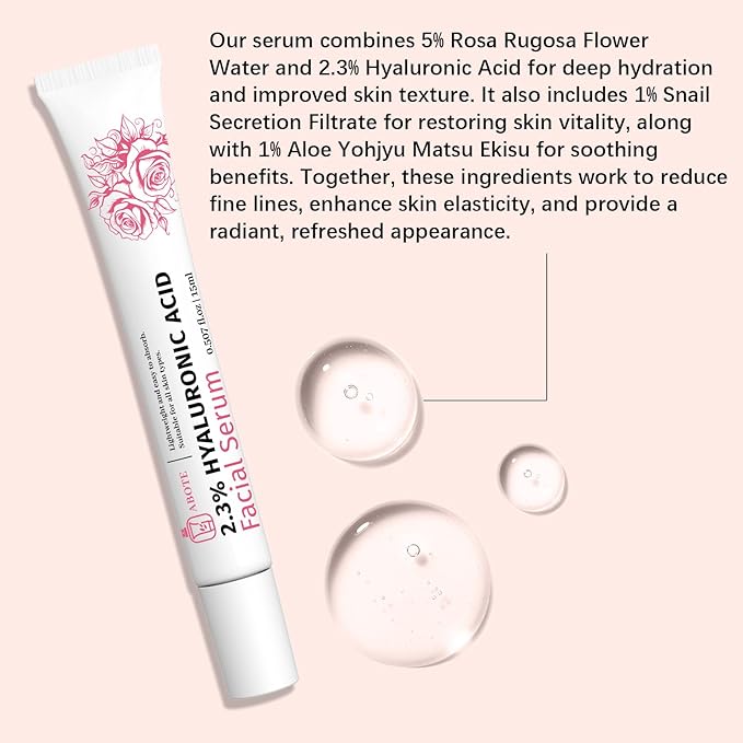 2.3% Hyaluronic Acid Serum for Face with 5% Rosa Flower Water Deep Moisturizing Anti-Wrinkle(3Pack-Each 15g)