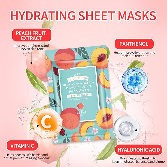 Hydrating Facial Masks Skincare for Women,Honey Peach Face Mask Sheet Skincare, Moisturizing Face Mask for All Skin Types (10-Packs)