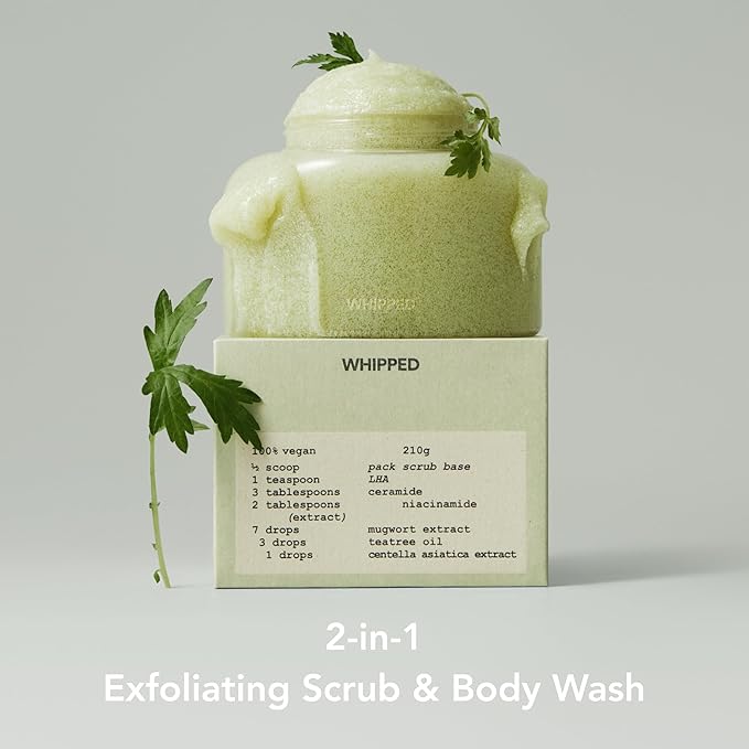 WHIPPED VEGAN SCRUB 210g (7.40 oz) – Soft as Gelato Texture, Enriched with Ceramide, Shea Butter & Niacinamide | 10x Finer than Sugar Scrubs | for Face & Body (Mugtree(Mugwort + Teatree))