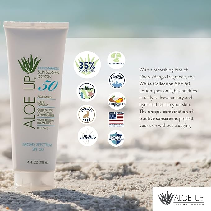 Aloe Up White Collection SPF 50 | Sunscreen Lotion for Face & Body with Aloe Vera Gel | Water Resistant up to 80 Minutes | Reef Friendly, Non Greasy, Fast Absorbing | Coco Mango Fragrance 4 Oz