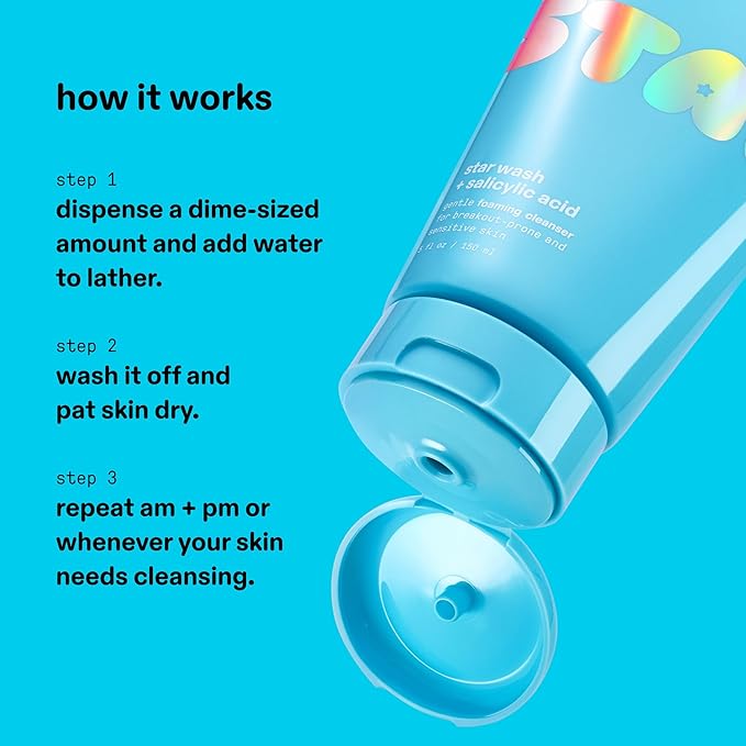 Starface Star Wash + Salicylic Acid, Foaming Facial Cleanser, Made for Breakout-Prone and Sensitive Skin, Minimize Breakouts and Unclog Pores, Unscented, Fragrance-Free (5 fl oz)