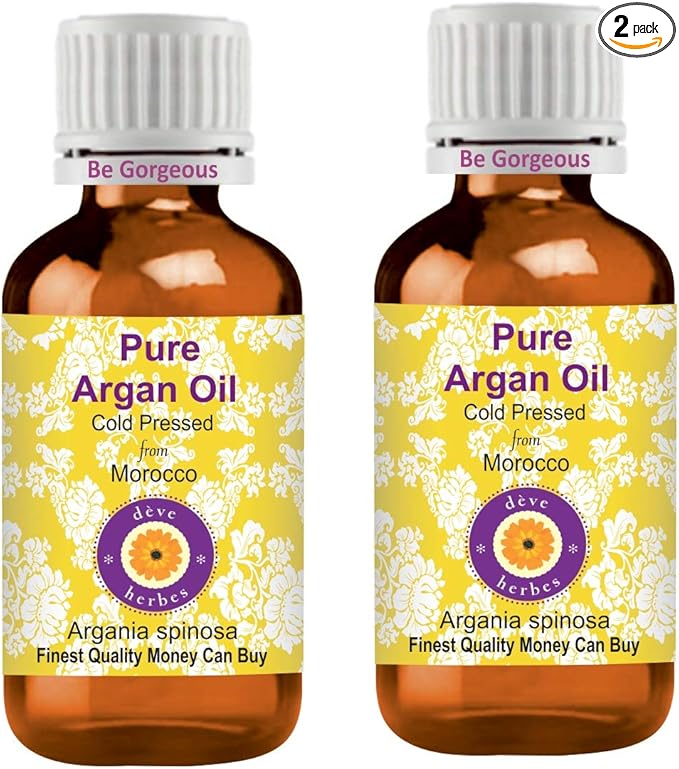 Deve Herbes Argan (Moroccan) Oil (Argania spinosa) | Cold Pressed | Pure | Natural | For Diluting Essential oils | For Hair, Skin & Massage | Non-Sticky | Lightweight | Unisex | 100ml X 2 (6.76 oz)