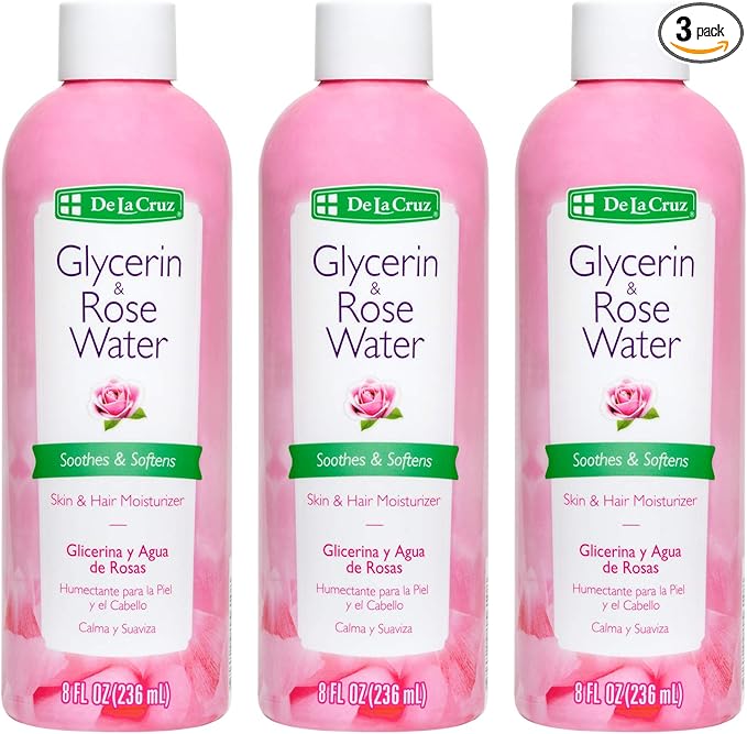 De La Cruz Rose Water and Glycerin for Face - Rosewater Facial Toner and Moisturizer for Skin and Hair 8 fl oz (236 mL) - 3 Bottles