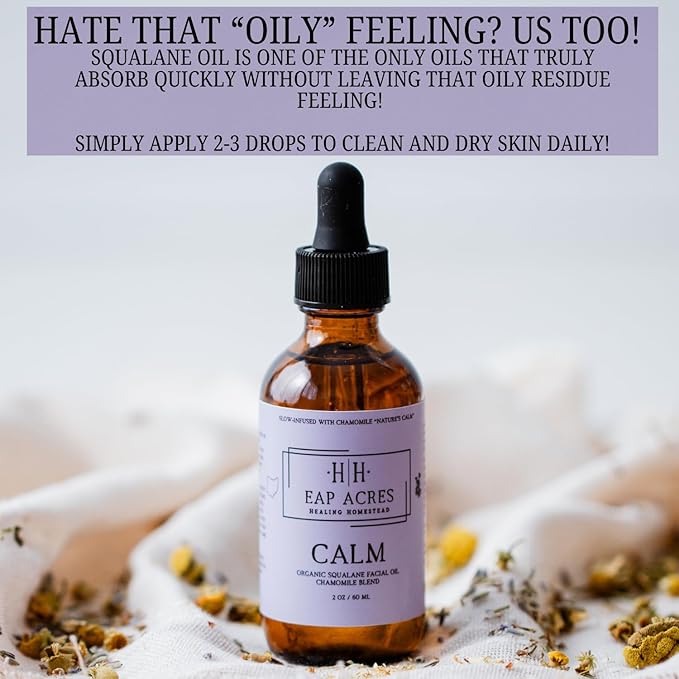 Facial Oil for Dry, Sensitive, Oily, Acne-prone/Mature skin–Organic Squalane oil Infused with Chamomile–Hydrating, Gentle, Soothing, Calming, Eczema, Baby, Nourishing (CALM)