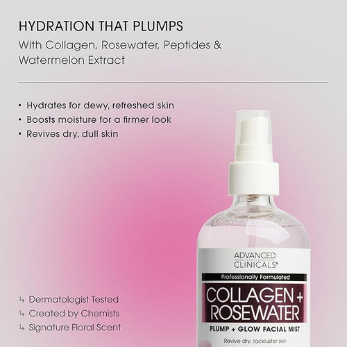 Advanced Clinicals Collagen Rosewater Face Mist Skin Care Reviving & Hydrating Facial Mist for Face | Instant Hydration Face Spray Toner with Pure Rose Water, Collagen, & Natural Extracts, 7.5 Fl Oz