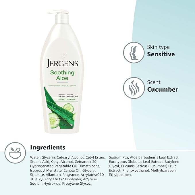 Jergens Soothing Aloe Body Lotion, Aloe Vera Body and Hand Moisturizer, Illuminating Hydralucence Blend, with Cucumber Extract, Dermatologist Tested, 21 Oz (Pack of 2)