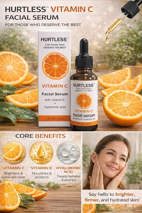HURTLESS Vitamin C Face Serum with Hyaluronic Acid, Brightening Serum for Dark Spots, Dull Skin, Hydrating, Fragrance Free, Fast Absorbing, Cruelty-Free Skin Serums for Dry Skin- 30 ml / 1.01 fl oz