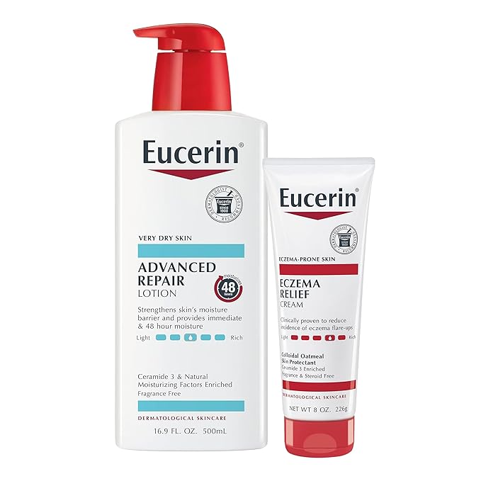 Eucerin Skin Care Set, Advanced Repair Lotion, Unscented Body Lotion for Dry Skin, 16.9 Fl Oz Eczema Relief Body Cream, Eczema Cream with Colloidal Oatmeal (Skin Protectant), 8 Oz