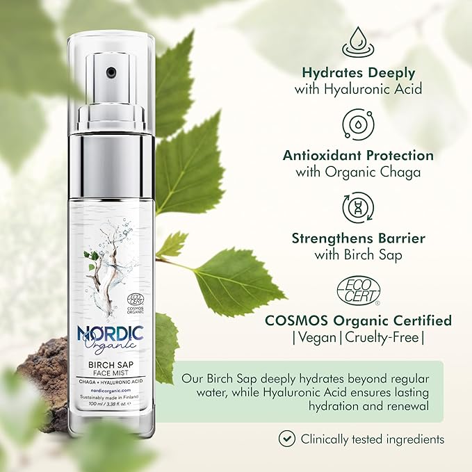 Birch Sap Face Mist – COSMOS Certified Organic Formula with Hyaluronic Acid & Chaga Mushroom, Fragrance Free, Made in Finland 3.38 oz (100 ml), 1 Bottle