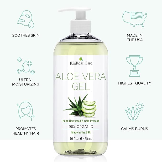 KinRose Care, 16oz Organic Aloe Vera Gel for Face, Skin, Hair & Sunburn Relief - From 100 Percent Pure Aloe Vera - Cold Pressed, Vegan, Unscented - Made in USA.