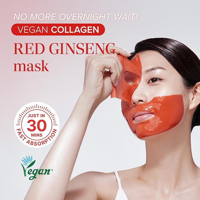Mary&May Vegan Collagen Red Ginseng Mask - Face Sheet Hydrogel Mask - Low Molecular Collagen, Niacinamide, Centella - Revitalizing, Firming, Hydrating Korean Skincare for Dull & Tired Skin, 4 Sheets