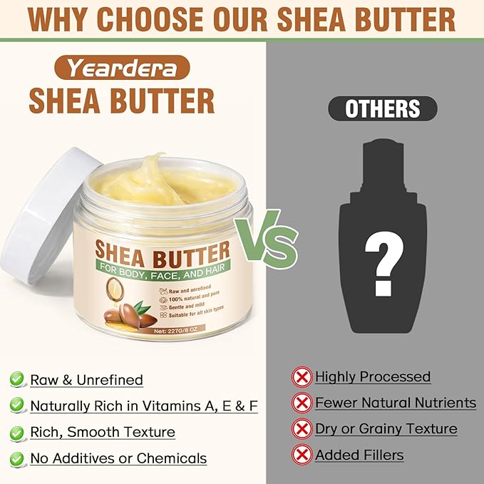 Yeardera Shea Butter Raw Organic, 100% Pure & Natural Unrefined Shea Butter for Skin and Hair, Rich in Vitamins A, E & F, Deep Moisturizing Body & Hand Cream, 7.8 oz