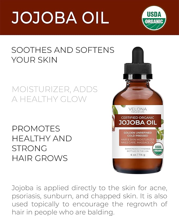 velona Jojoba Oil USDA Certified Organic - 4 fl oz (With Dropper) | Golden, Unrefined, Cold Pressed | Hexane Free