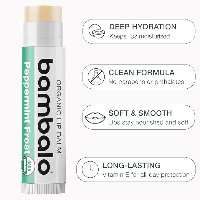 USDA Organic Lip Balm Peppermint 4-Pack by Bambalo – Beeswax, Coconut Oil, Vitamin E – Cooling Lip Repair Chapstick for Dry Cracked Lips – Moisturizing Care for Men and Women
