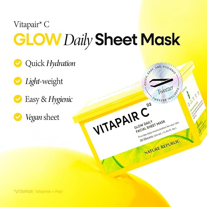 Nature Republic Vitapair C Daily Face Mask (30 vegan sheets) Niacinamide & Centella Asiatica Extract Bulk Facial spa Mask for Moisturizing & Hydrating Glow, korean beauty skin care for all skin types