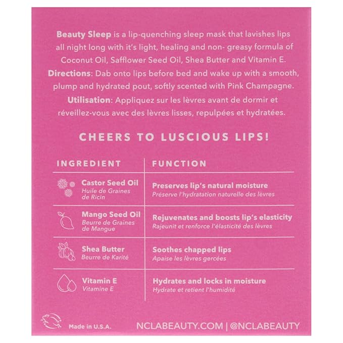 NCLA Beauty Sleep Overnight Lip Mask - Lip Mask for Women - Nourishes and Hydrates with Castor Seed Oil and Shea Butter - Pink Champagne - 0.5 oz