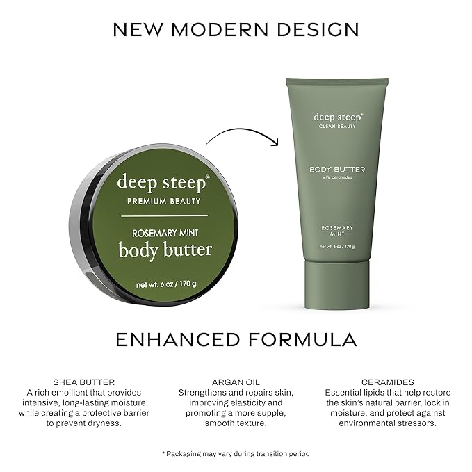 Deep Steep Body Butter, 6 oz – Rich Moisturizer with Ceramides, Coconut Oil, Argan Oil & Aloe Vera – Vegan, Clean Beauty, Smooth & Hydrated Skin (6 Ounces, Rosemary Mint)