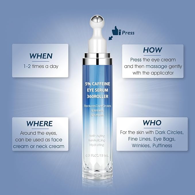 5% Caffeine & Retinol Eye Cream with 360° Roller – Hydrating & Anti-Aging Formula for Fine Lines, Puffiness, Dark Circles & Bags – Moisturizing Treatment Serum for Women & Men